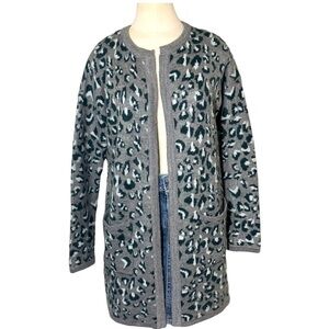 Cynthia Rowley Gray Leopard Knit Acrylic Alpaca Blend Open Long Line Cardigan S